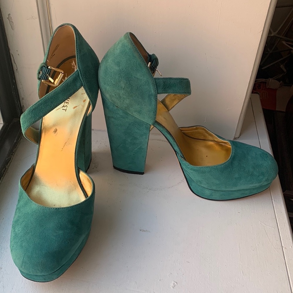 Teal Turquoise Suede Platform Mary Jane 5.5in Heels by Nine West | “Aroundtown”